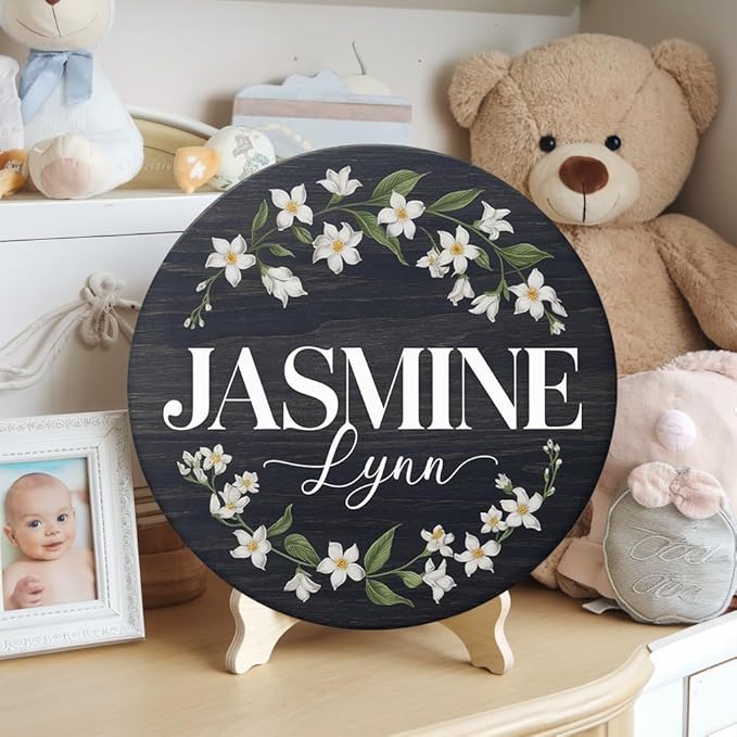 Personalized Name Sign for Nursery, Jasmine Sign for Baby Door Decor, Newborn Gifts for Baby Girl, Girls Nursery Wall Bedroom Decorations, Mother's Day Gifts for New Mom Dad Gift