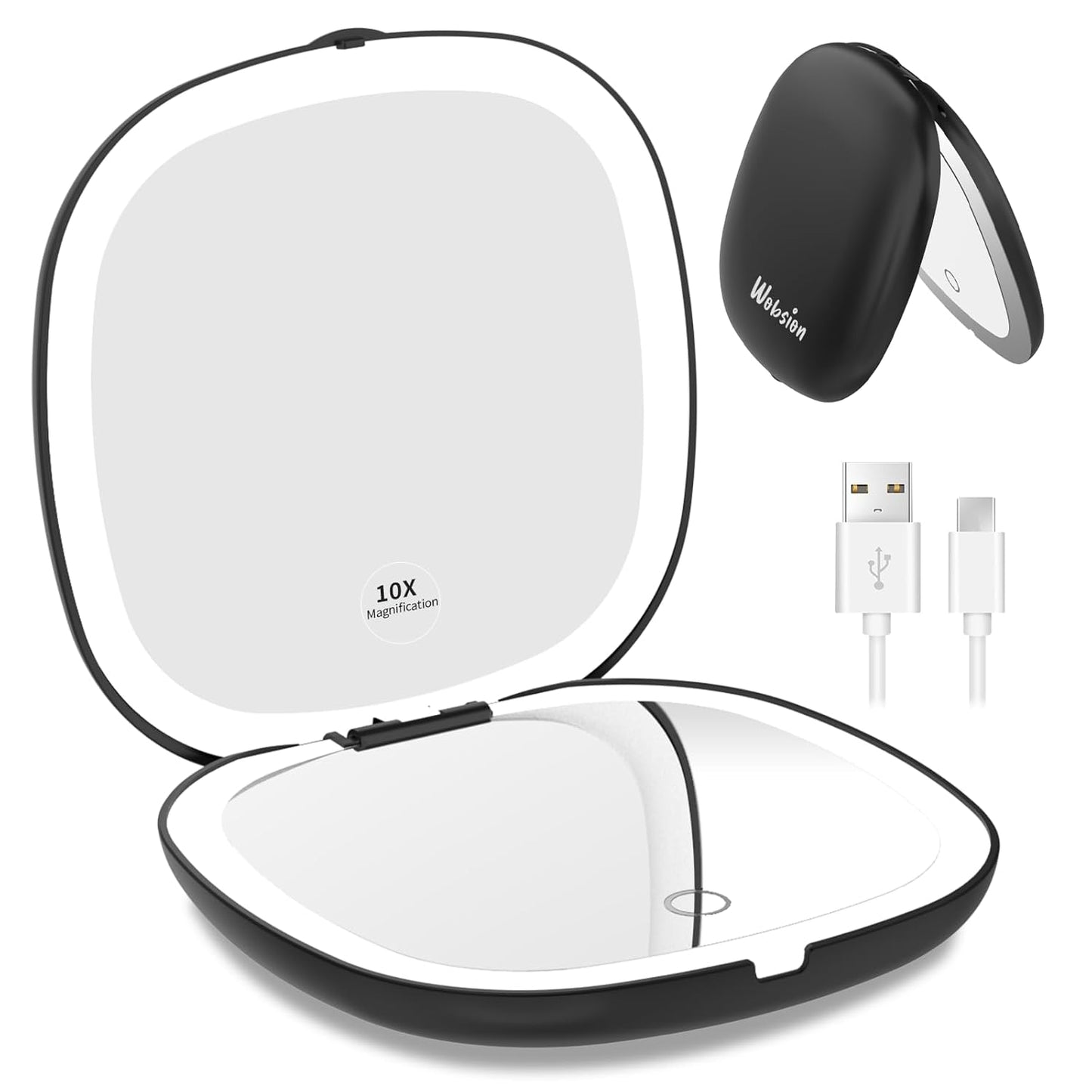 WOBSION Rechargeable Lighted Travel Makeup Mirror,1x/10x Compact Magnifying Mirror with Lights,Portable for Bag,4inch,Gift,Black