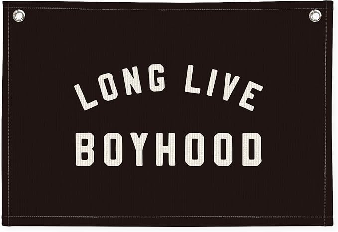 "Long Live Boyhood" Wall Banner 20x30 Inch - Boys Room Decor, Linen Canvas Wall Hanging for Toddler Playroom, Rustic Nursery Sign, Adventure Theme Kids Bedroom Banner - Black