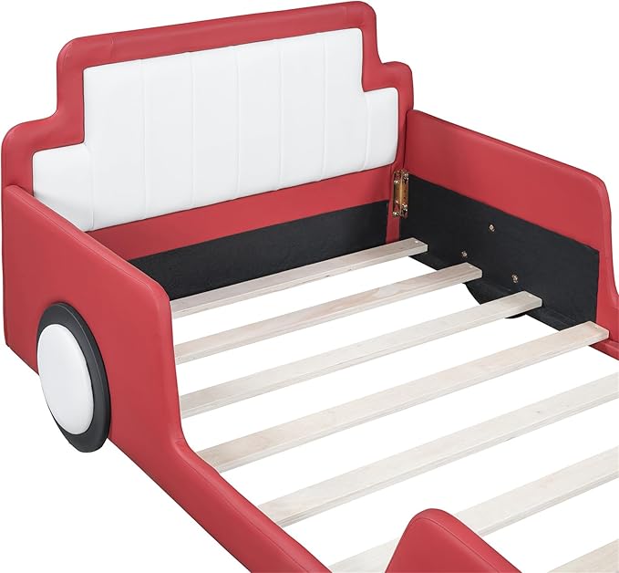 Merax Twin Bed Frames for Boys,Race Car Platform Bed with Wheels,Soft PU Leather Headboard and Footboard,Kids Car Bed Twin Size No Box Spring Needed