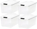 IRIS USA 72 Qt Stackable Plastic Storage Bins with Lids, 4 Pack - BPA-Free, Made in USA - See-Through Organizing Solution, Latches, Durable Nestable Containers, Secure Pull Handle - Clear/White