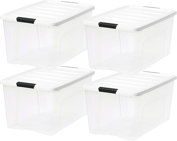 IRIS USA 72 Qt Stackable Plastic Storage Bins with Lids, 4 Pack - BPA-Free, Made in USA - See-Through Organizing Solution, Latches, Durable Nestable Containers, Secure Pull Handle - Clear/White