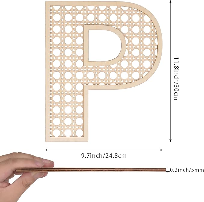 Large Boho Wooden Rattan Letters 12 inch for Nursery Decor Wood Letter P Wall Decors for Baby Girl Boy Bedroom Home Rustic Name Sign Birthday Wedding Decorative Letters
