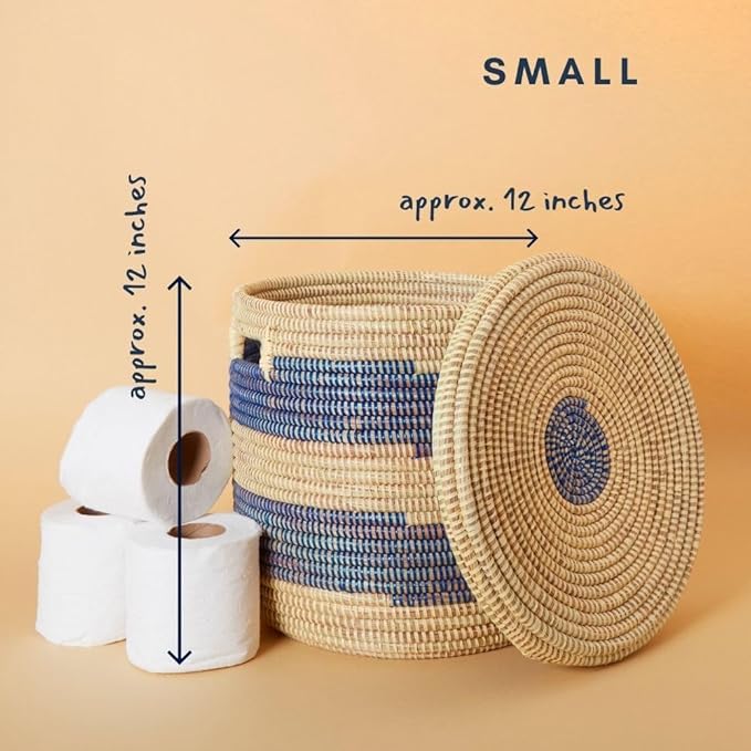 Small Blue Stripes Storage Basket, Organize Living Room, Bedroom, Nursery, Decorative, Wicker, Woven, Round, Handles