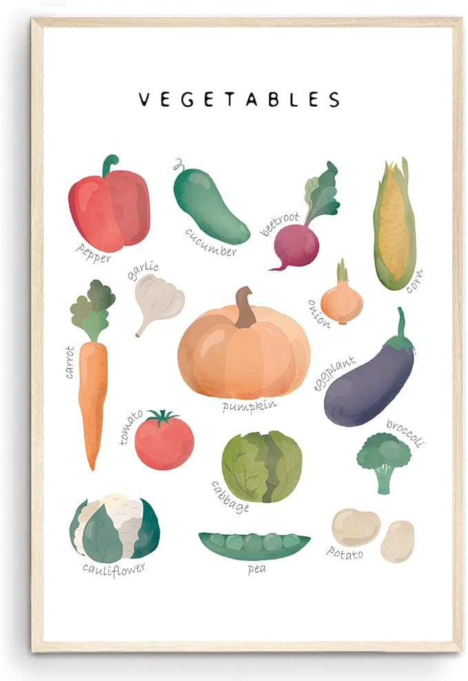 OZCONO Vegetables and Fruits Educational Posters, Harvest Chart Kids, Classroom Decor, Rainbow Nursery Wall Art, Homeschool Education Guide (Unframed) (12x18)