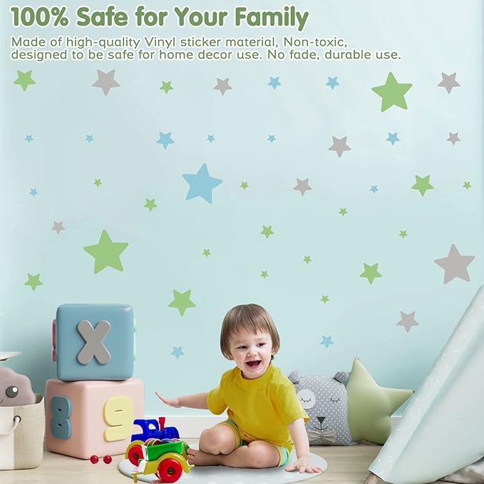 Stars Wall Decals Peel and Stick, Green Blue Grey Stars Wall Stickers for Adults Bedroom, Vinyl Stars Wall Decals for Living Room