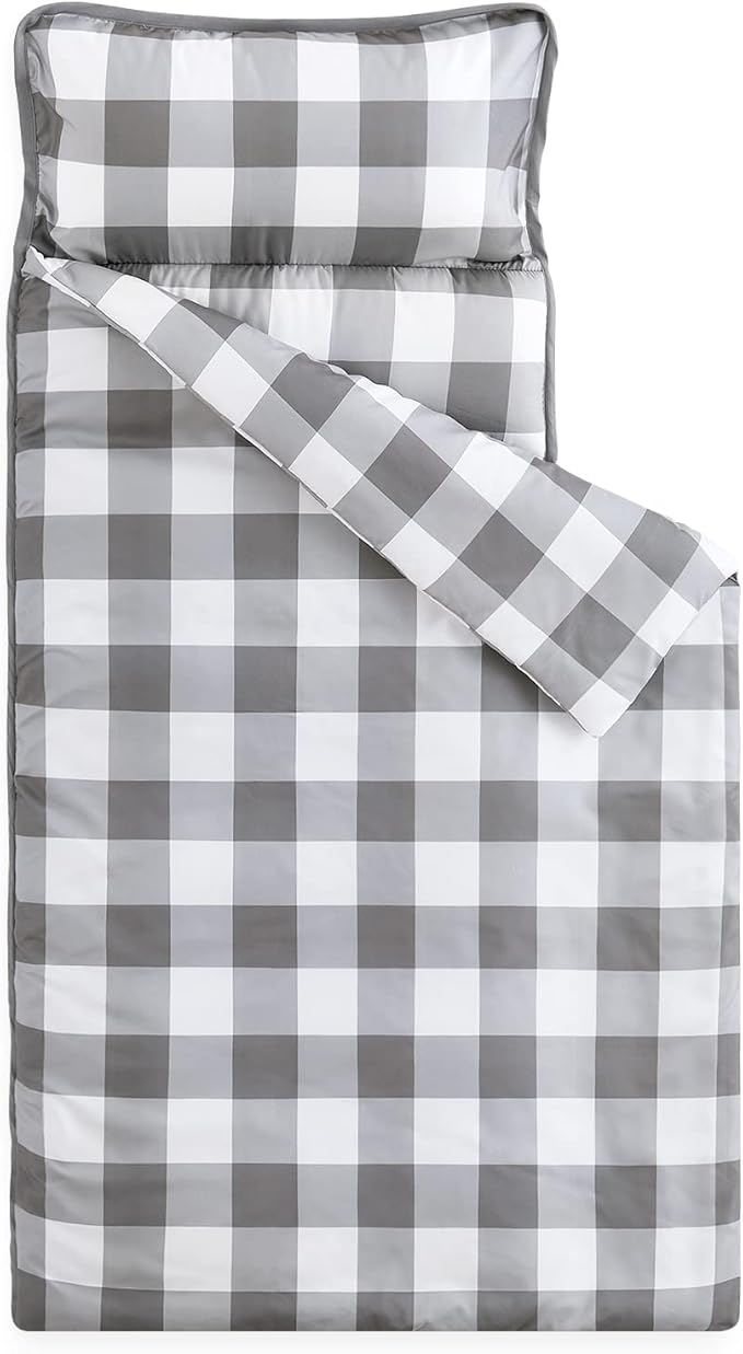 Wake In Cloud - Toddler Nap Mat with Pillow and Blanket, for Kids Boys Girls Ages 3 Plus in Kindergarten Daycare Preschool, Roll Up Sleeping Bag, Gingham Plaid Grid