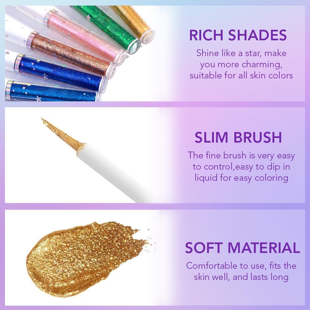 evpct 6Pcs Sparkle Glitter Liquid Eyeliner Eye Makeup Set, Metallic Liquid Eyeliner Waterproof Long-lasting, Liquid Glitter Eye liner in Multi Colors for Stunning Shimmery Eye Look, 02#