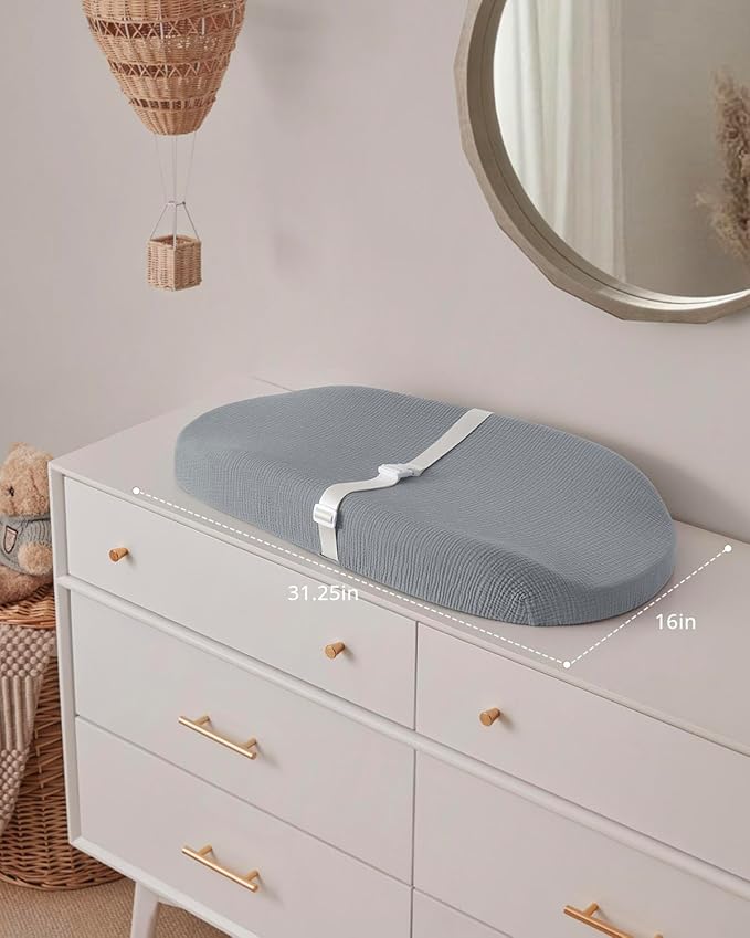 Blissful Diary Muslin Baby Changing Pad with Waterproof Lining Foam, Diaper Changing Table Pad with Cover for Dressers (Gray, Avocado)