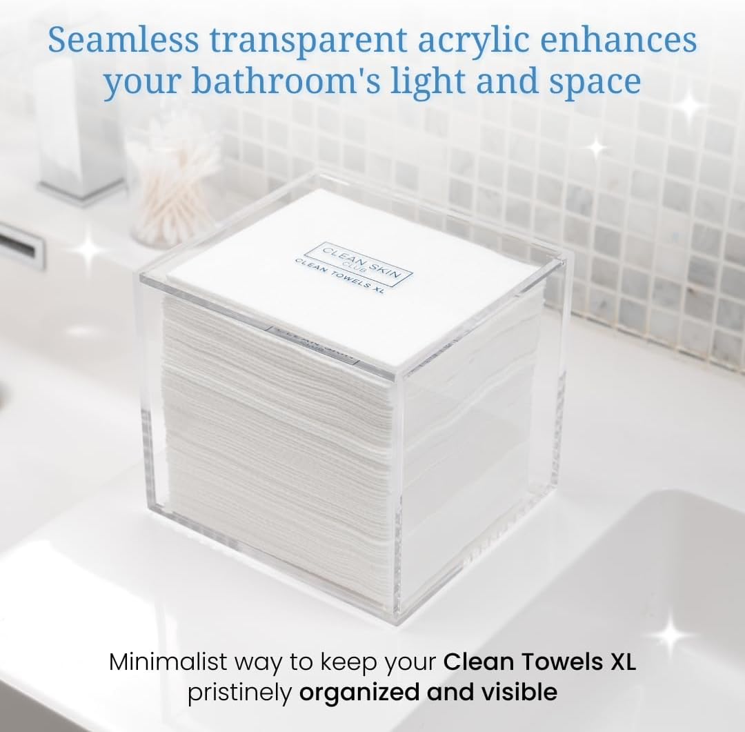 CLEAN SKIN CLUB Clear Acrylic Box for Clean Towels XL (NOT Included), Container For 50 Disposable Clean Towels XL, Face Towelettes Bathroom Counter Storage, Bin for Cleansing Facial Dry Wipes