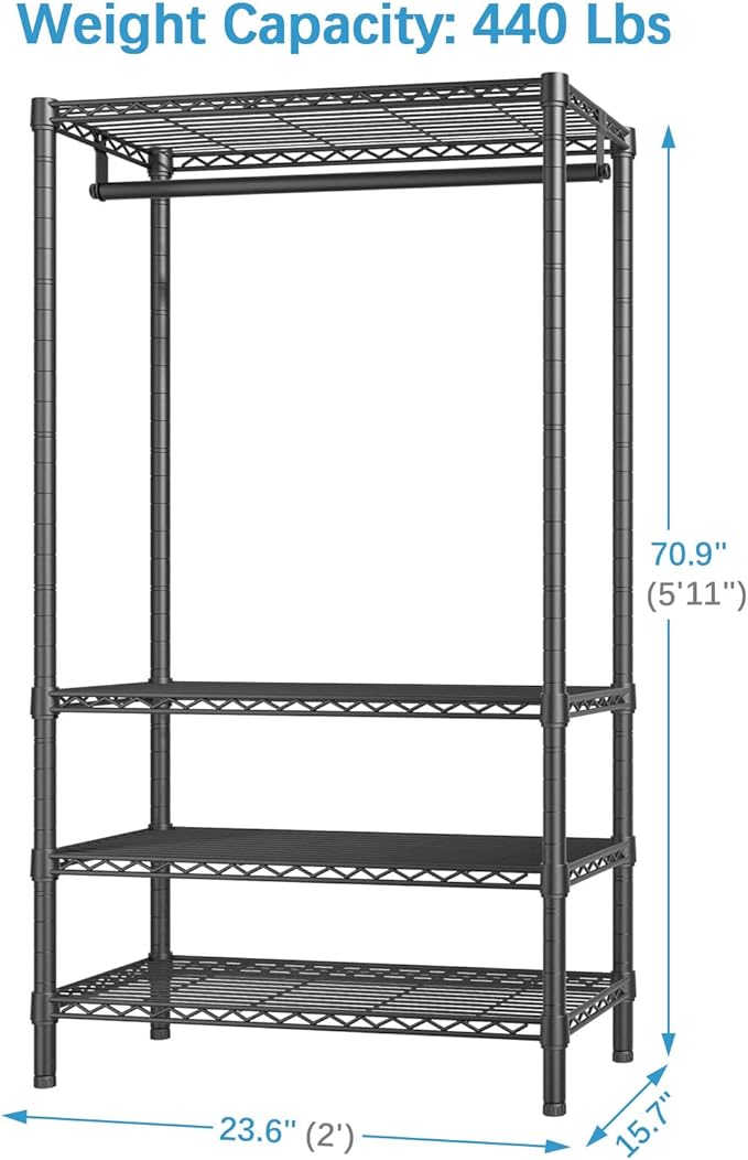 VIPEK V1 Medium Portable Garment Racks 440lbs Load Capacity, Heavy Duty Clothes Rack with 4 Tiers Adjustable Shelves & Hanging Rod, Compact Space-Saving Storage for Small Apartments/Dorms (Black)