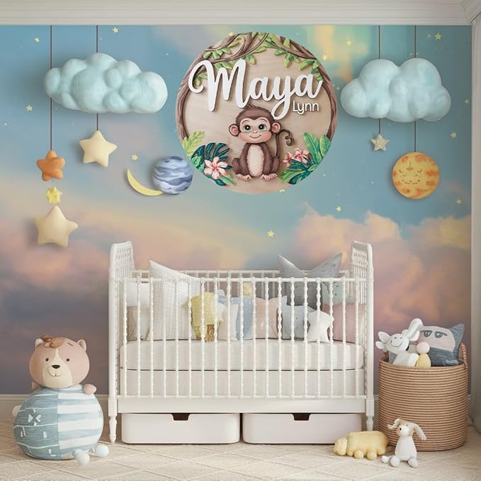 Personalized Wooden Name Signs for Nursery, Monkey Sign for Baby Door Decor, Newborn Gifts for Boy, Boys Nursery Wall Bedroom Decorations, Mother's Day Gifts for New Mom Dad Gift