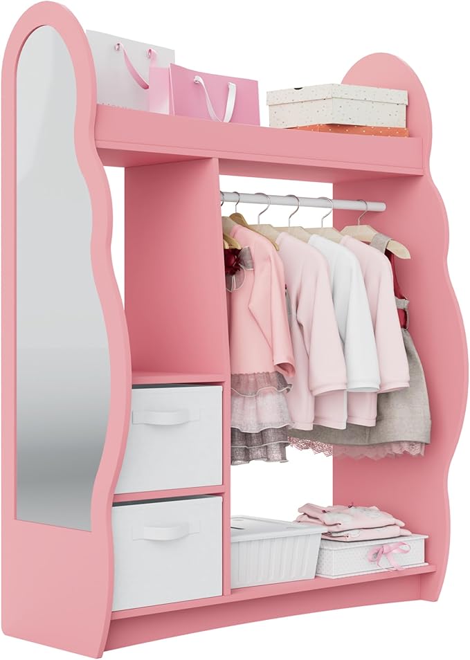 Kids Dress Up Storage Rack Mirror Wood Child Wardrobe 2 Hooks 2 Fabric Bins Toddler Closet Girls Boys Open Hanging Armoire Storage Shelf Coat Costume Hat Shoe (Pink/Cloud/Two Drawers)