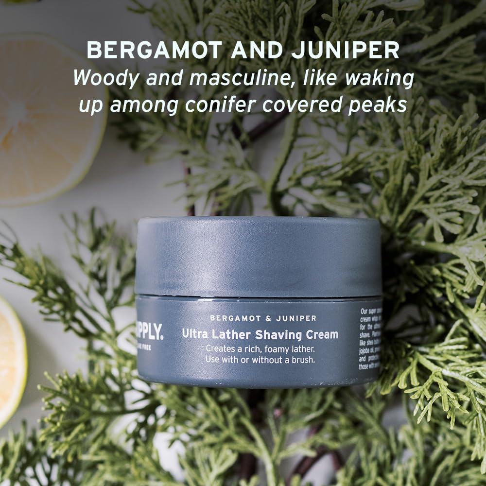SUPPLY Ultra Lather Shaving Cream - Juniper & Bergamot - Lathering, Men's Shaving Cream - Hypoallergenic, Naturally Soothing, Noncomedogenic - Protects Against Razor Burn and Irritation - 3.4 Oz Jar