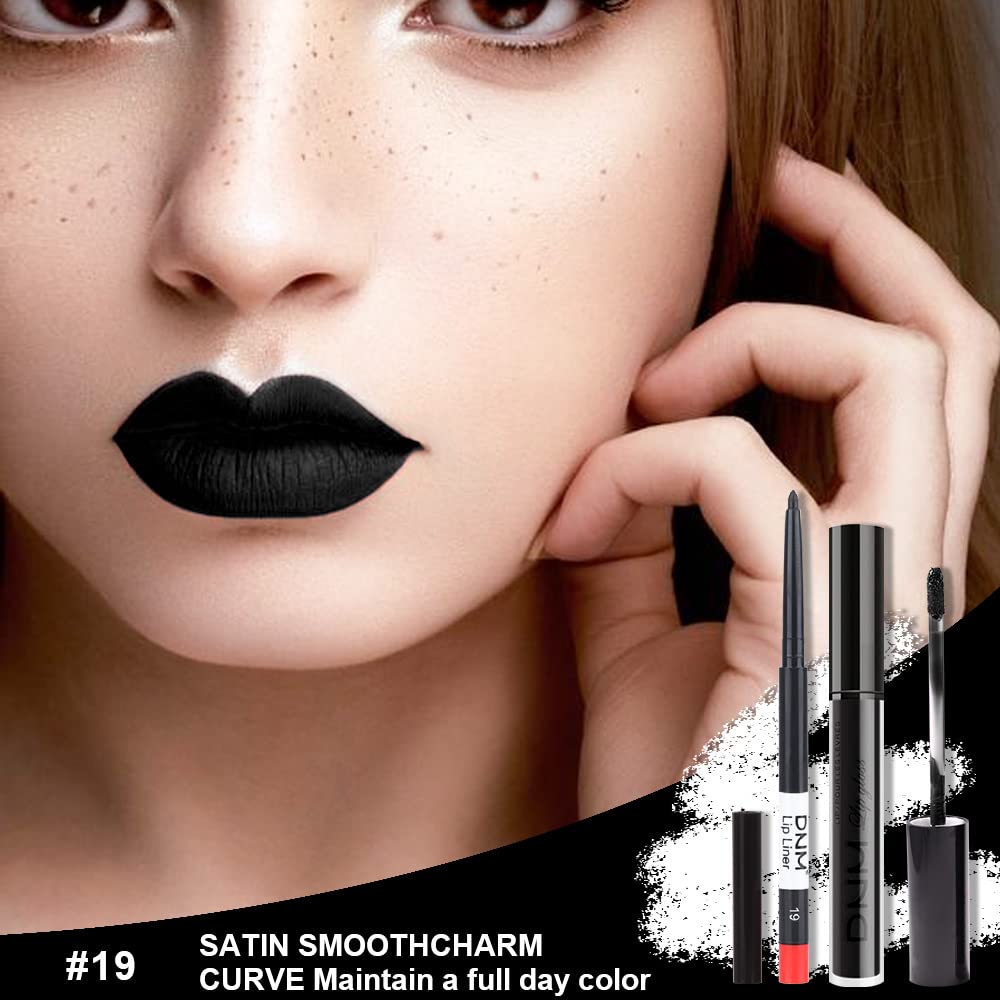 evpct 2Pcs Black Matte Liquid Lipstick and Lip Liner Gloss Stain Pencil Makeup Set Long Lasting Dark Matte Lipstick 24H and with Lip Liner Set for Black women labiales mate 24 horas originales 19#