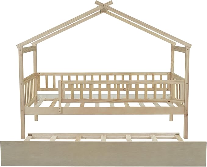 Harper & Bright Designs Twin House Bed with Trundle, Kids Platform Frame Rails and Roof, Tent Bed, Wood Playhouse Montessori for Teens Girls Boys, No Box Spring Needed (Natural)