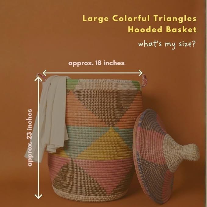 Tall Large Decorative Wicker Storage Basket with Lid, Laundry Hamper, Blanket Storage, Toys Bin, Clothes Holder, Boho Style (Colorful Triangles)