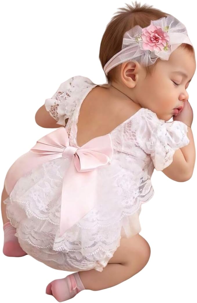 Newborn Girl Photography Outfits, Backless Lace Romper with Flower Headband Photo Props, Baby Girl Photoshoot Outfits