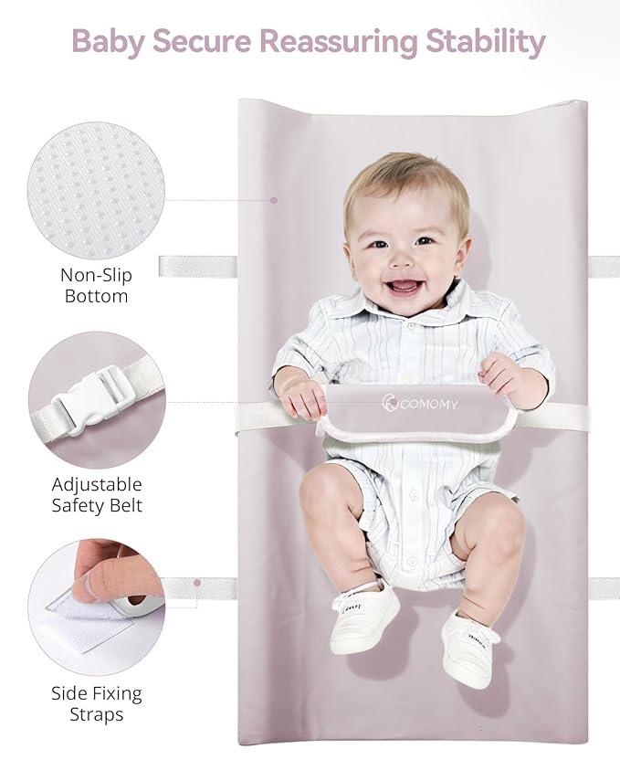 COMOMY Baby Changing Pad with Wipeable & Waterproof PU Cover, Contoured Diaper Changing Pad for Dresser with Non-Slip Safety Belt, Portable and Lightweight, Large Cushioned Foam, Lavender
