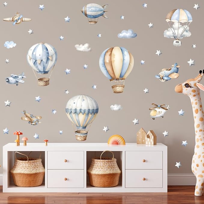 Watercolor Hot Air Balloon Wall Stickers, Hot Air Balloon Airplane Clouds Vinyl Wall Decals, Removable DIY Wall Art for Kids Bedroom Playroom Toddler Room Decor