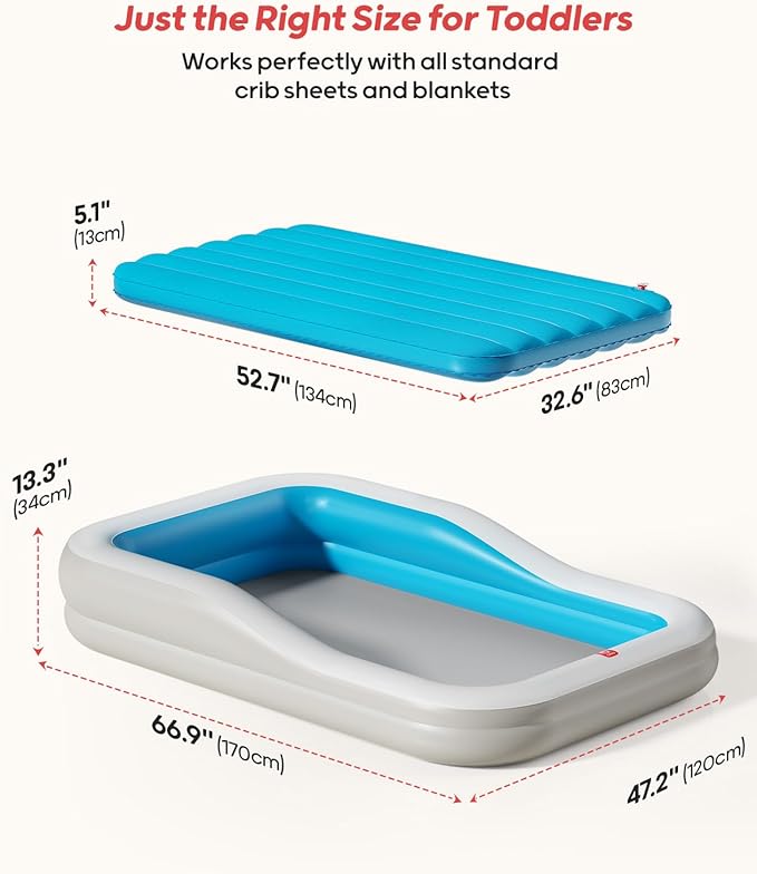 QPAU Inflatable Toddler Travel Bed with 3-Sided Safety Bumpers, Extra Large Kids Air Mattress, Includes Detachable Mattress, Portable for Camping, Travel, Home Use (Blue)