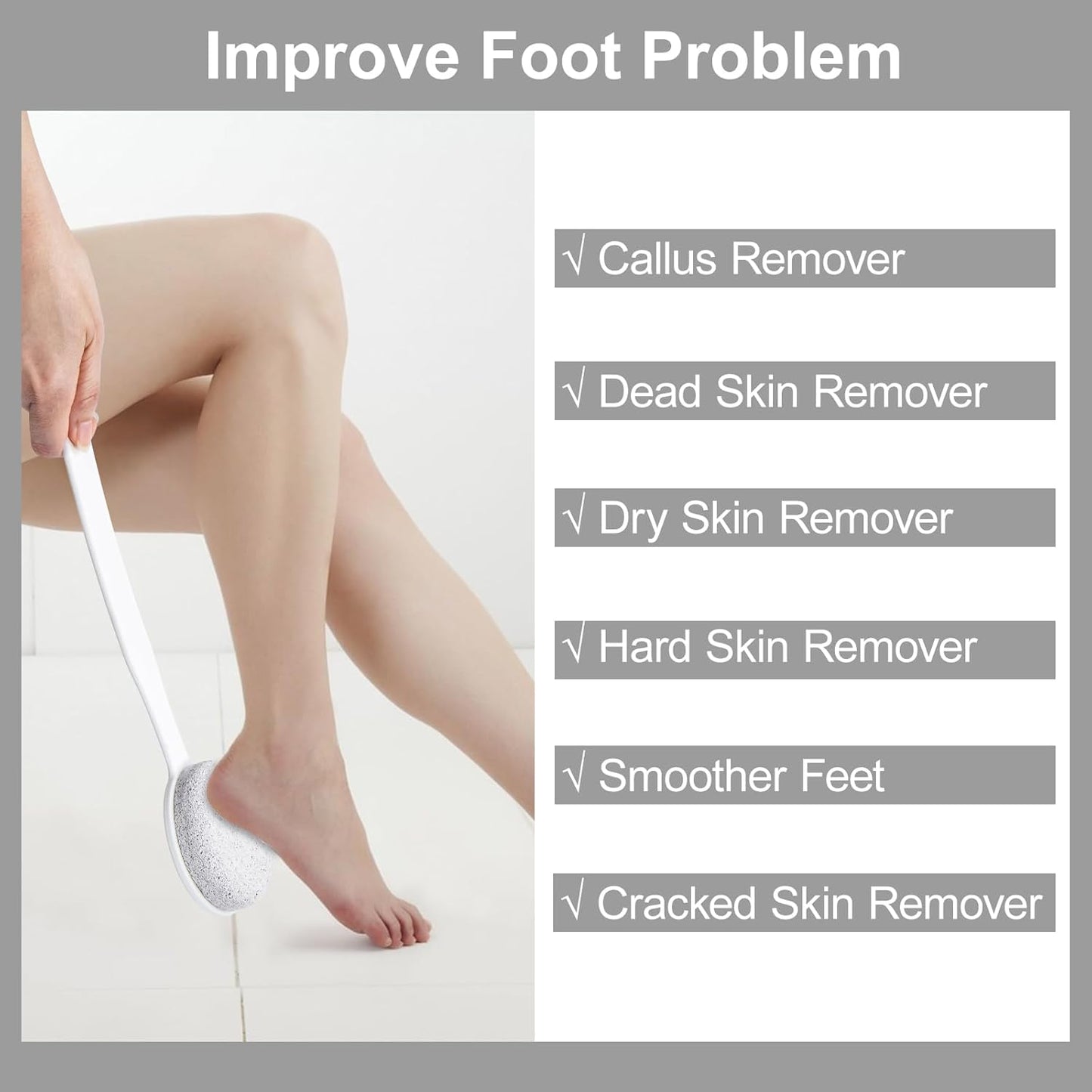 Pumice Stone for Feet with Long Handle (Curved Handle,White, Count, 2.0)