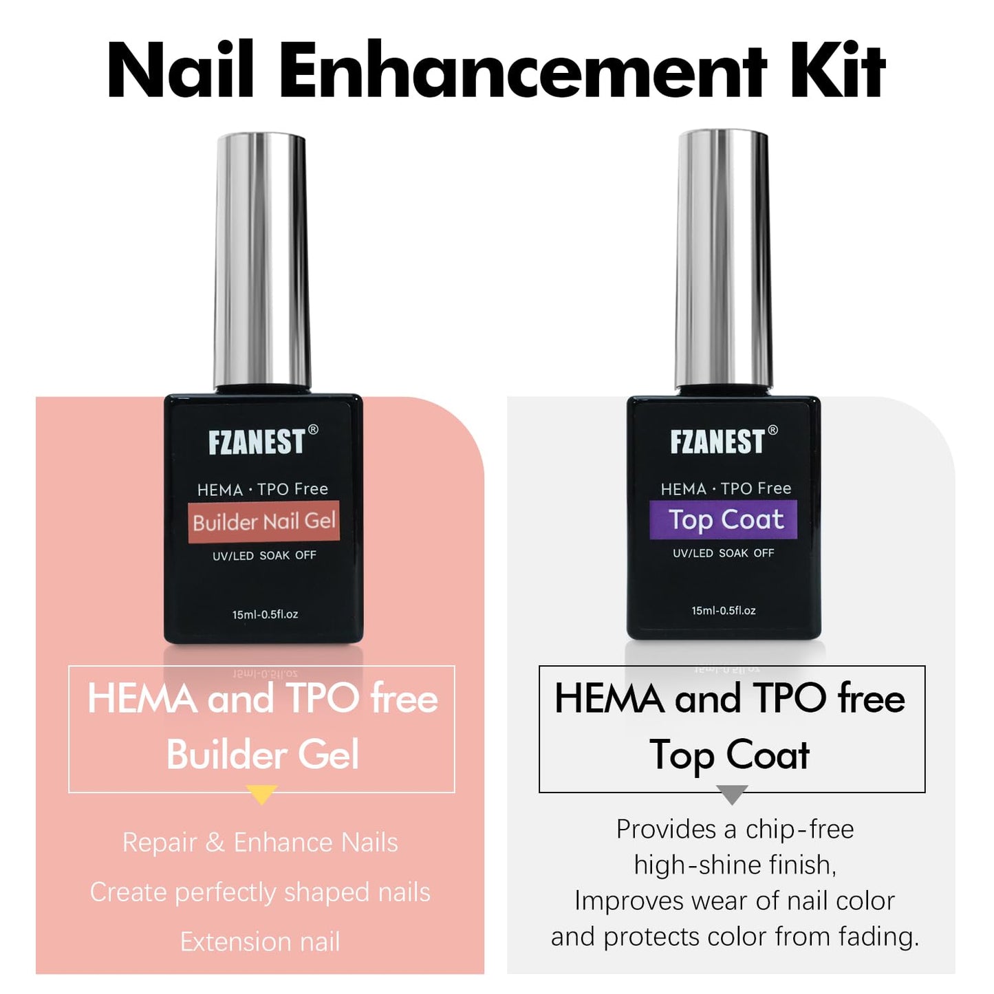 FZANEST Builder Nail Gel and Top Coat, 15ml * 2Pcs Hema & TPO-Free Builder Gel Nail Kit Strengthen Extension No Wipe Ultra Shine Top Coat Nail Polish Soak Off UV Led