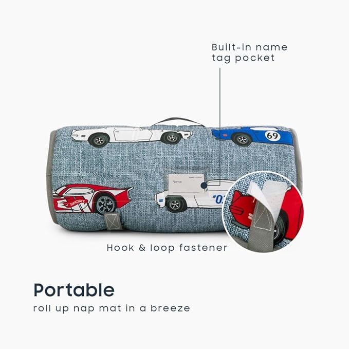 Wake In Cloud - Toddler Nap Mat with Pillow and Blanket, for Kids Boys Ages 3 Plus in Kindergarten Daycare Preschool, Roll Up Sleeping Bag, Race Cars Vehicles