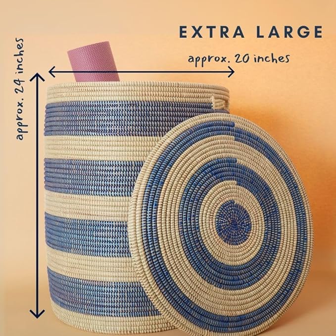 Small Blue Stripes Storage Basket, Organize Living Room, Bedroom, Nursery, Decorative, Wicker, Woven, Round, Handles