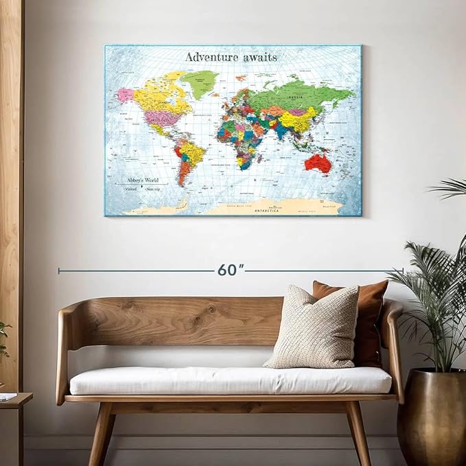 ElephantStock - Personalized Adventure Awaits IV Push Pin World Map Wall Art - Horizontal Canvas Wall Art - Living Room Wall Decor - Digital Art Map Canvas Art - Blue And Green Decor - 45" x 30"