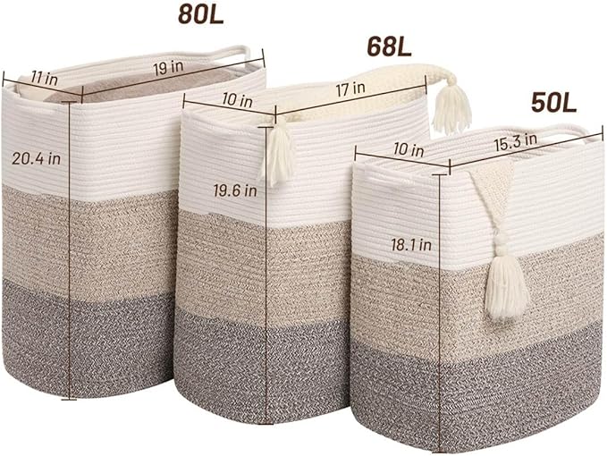 Tall Laundry Basket With Handles,Woven Cotton Rope Big Laundry Hamper Sorters,Versatile Storage for Dirty Clothes,Baby Toys,and Blankets in Bathroom, Nursery,and Living Room (Gradient Brown, 80L)