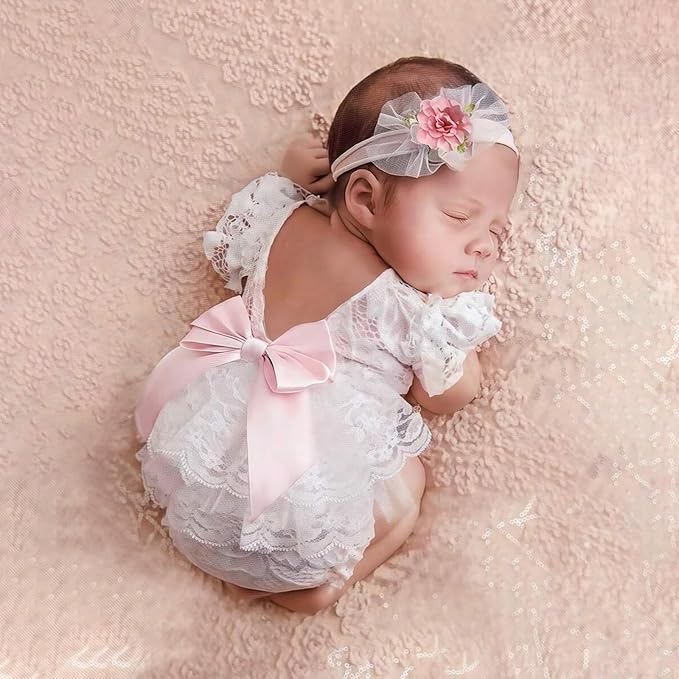 Newborn Girl Photography Outfits, Backless Lace Romper with Flower Headband Photo Props, Baby Girl Photoshoot Outfits
