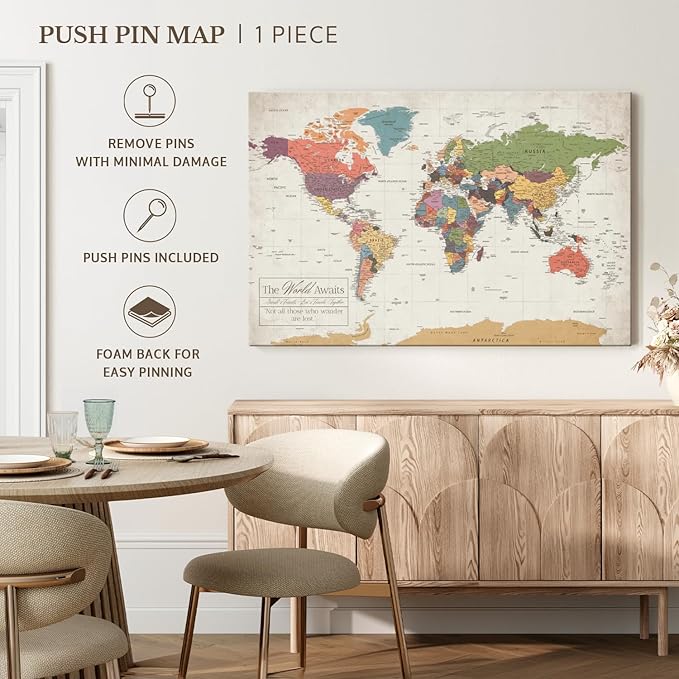 ElephantStock - Personalized World Awaits II Push Pin World Map Wall Art - Horizontal Canvas Wall Art - Living Room Wall Decor - Digital Art Map Canvas Art - Green And Beige Decor - 51" x 34"