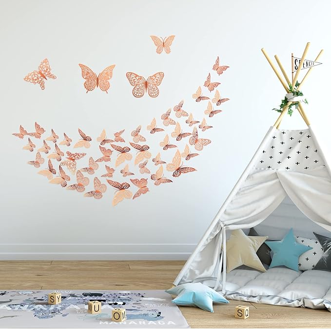 3D Gold Butterfly Wall Decor 3 Sizes 4 Styles Butterfly Party Decorations Cake Decorations Removable Stickers Wall Decor Room Mural Metallic Kids (Rose Gold, 48Pcs)