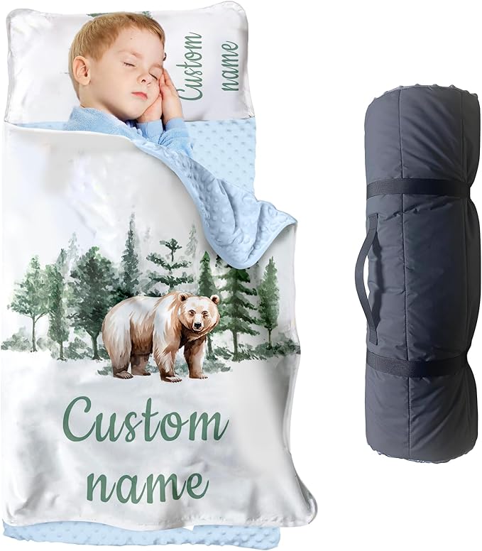 Personalized Toddler Nap Mats for Preschool, Custom Name Kids Sleeping Bag for Daycare, Roll Up Sleeping Mat with Removable Pillow and Soft Dot Minky Blanke for Boys Camping Travel