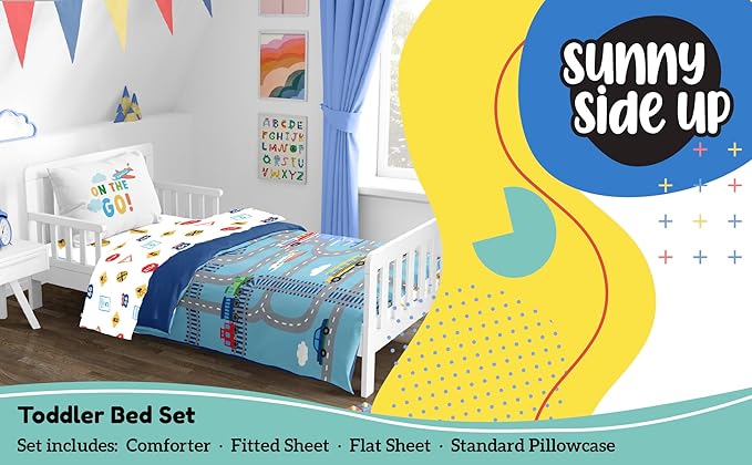 Sunny Side Up On The Go Toddler Comforter Set - 4 Piece Preschool Bedding Includes Comforter, Sheets & Pillow Cover - Super Soft Vehicles Microfiber Bed Set