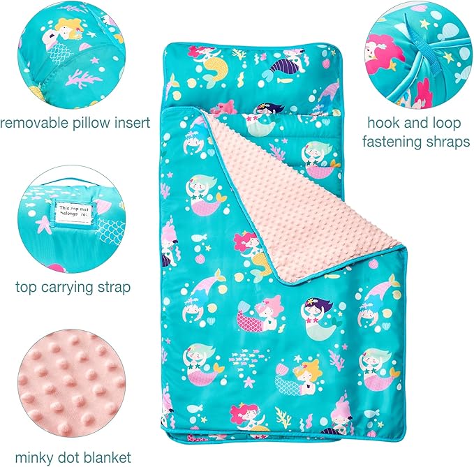 beeweed Toddler Nap Mat, Rollup Design Kid Sleeping Mat with Removable Pillow & Minky Blanket, Toddler Sleeping Bag for Daycare Preschool Travel Camping