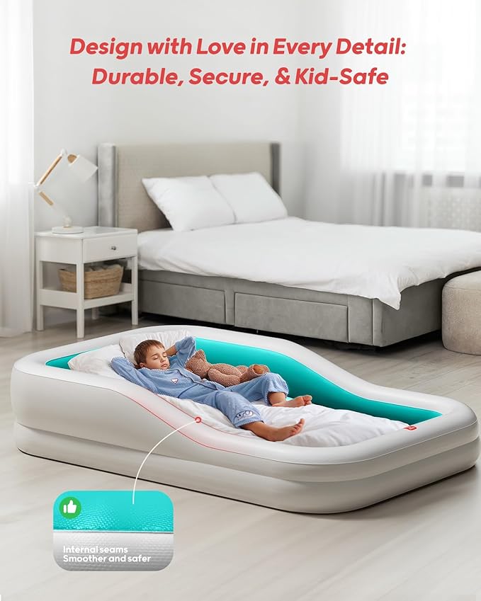 QPAU Inflatable Toddler Travel Bed with 3-Sided Safety Bumpers, Extra Large Kids Air Mattress, Includes Detachable Mattress, Portable for Camping, Travel, Home Use (Cyan)