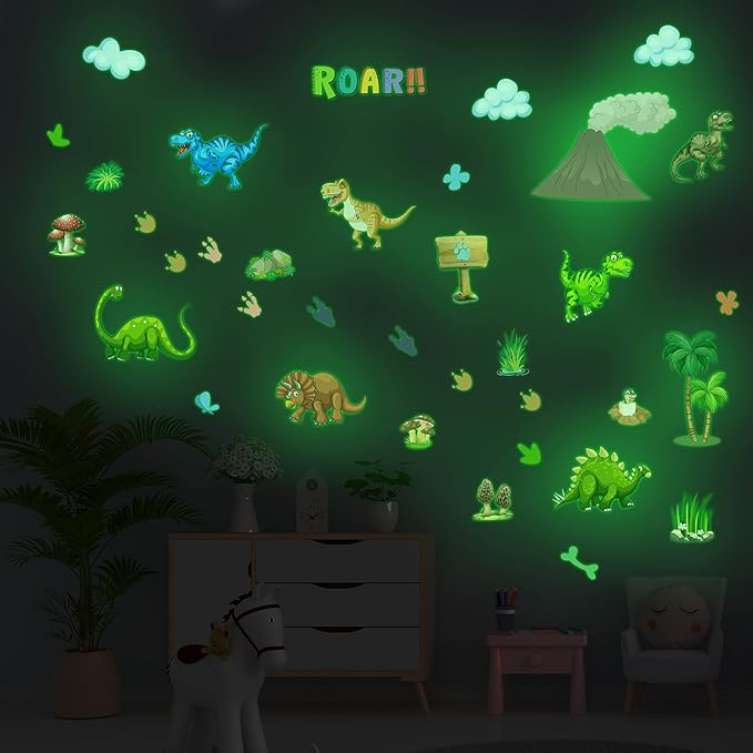 Glow in The Dark Dinosaur Wall Decals Stickers, Removable Footprints Dino Stickers for Ceiling, Jungle Wall Decor for Nursery, Decoration Classroom Gift for Boy Toddlers