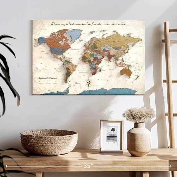ElephantStock - Personalized Journey V Push Pin World Map Wall Art - Horizontal Canvas Wall Art - Living Room Wall Decor - Digital Art Map Canvas Art - Beige And Orange Decor - 24" x 16"