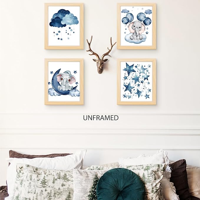 PUHEI Elephant Nursery Wall Art Prints Set of 4, Moon and Stars Nursery Wall Posters Decor for Boys Girls Room, Elephant Baby Gifts for Boys Twins Poster Prints (8x10 Inches UNFRAMED)