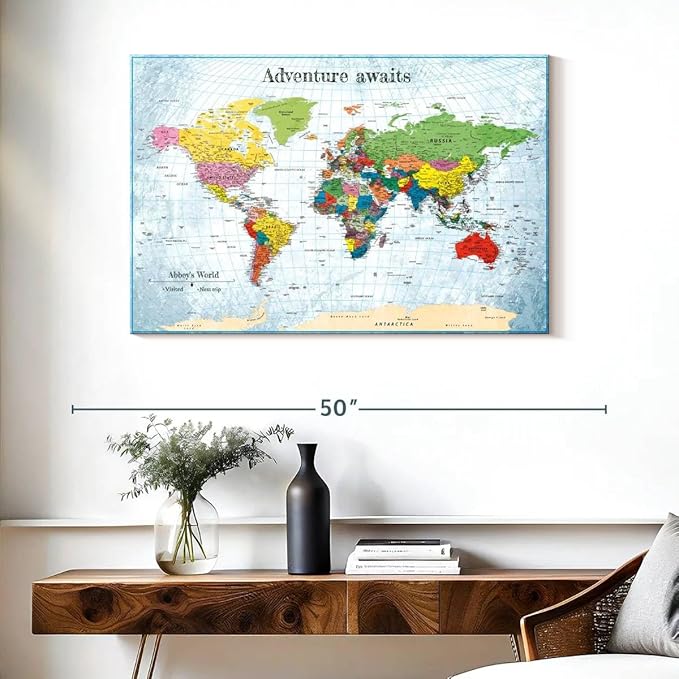 ElephantStock - Personalized Adventure Awaits IV Push Pin World Map Wall Art - Horizontal Canvas Wall Art - Living Room Wall Decor - Digital Art Map Canvas Art - Blue And Green Decor - 39" x 26"
