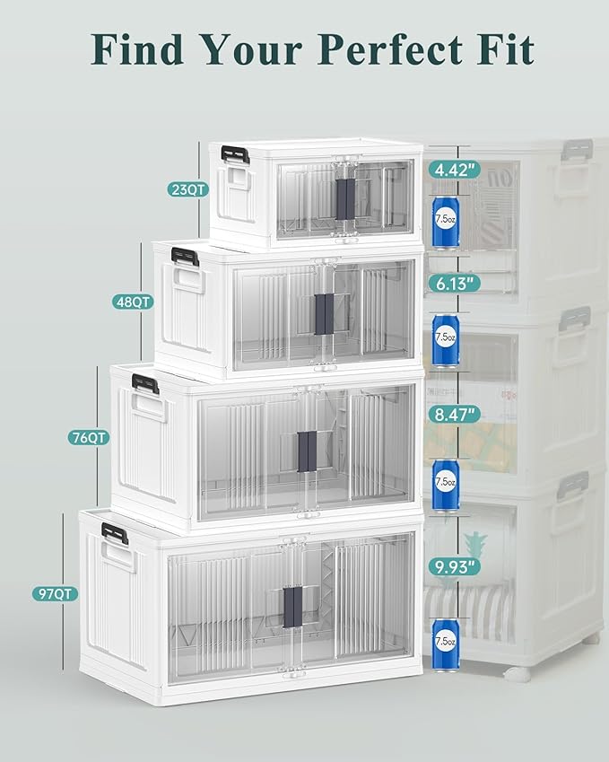 OlarHike 23QT Stackable Storage Bins with Lids - Folding Storage Box with Doors and Wheels, Collapsible Plastic Storage Drawers for Closets, 4 Pack Cubes