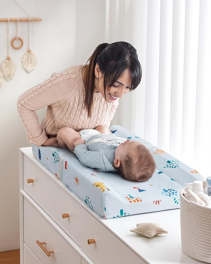 Blissful Diary Baby Changing Pad with Waterproof Lining Foam, Includes a Soft & Washable Cover, Contoured Changing Table Pads for Dresser Top with Non-Slip Bottom, 32”×16” (Blue, Rectangular)