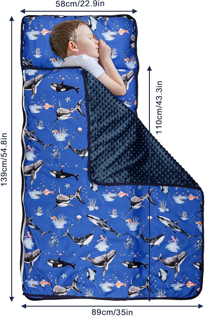 Toddler Nap Mat with Removable Pillow and Soft Dot Minky Blanket, Pea Pod Kids Shark Napping Mats Extra Large Rolled Slumber Bags for Boys Preschool, Daycare, Camping, 22.9 x 51.2inches Ages 3-7 Years