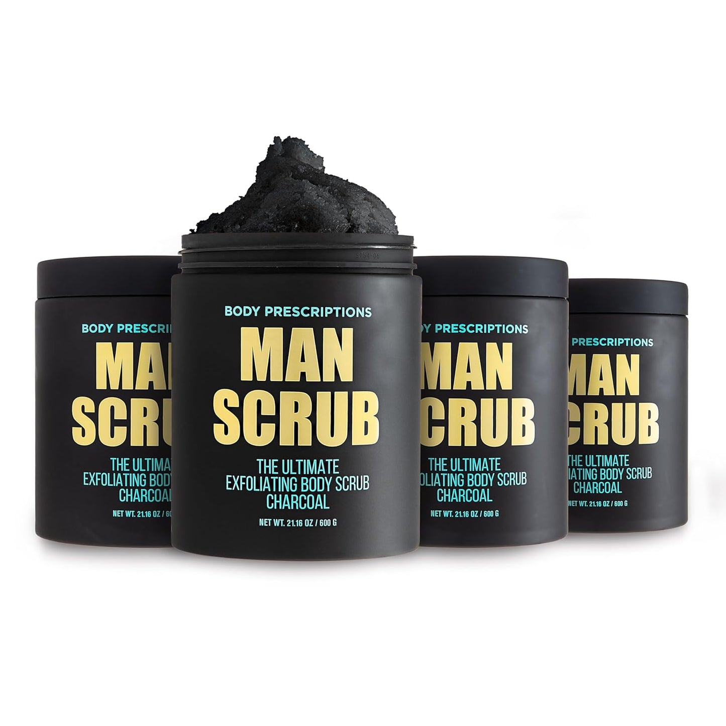 Body Prescriptions Men’s Exfoliating Body Scrub – Ultimate Skin Cleansing Wash in Jar with Twist-Top Lid, For All Skin Types, 21 Ounce (Pack of 4), Charcoal