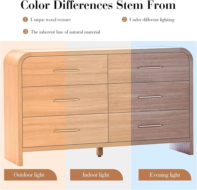 Curved 6-Drawer Dresser for Bedroom, 54" Wide Modern Chest of Drawers, Vanity Desk TV Stand for Living Room, Closet Storage Drawers Organizer Furniture, Nursery, Hallway, Oak