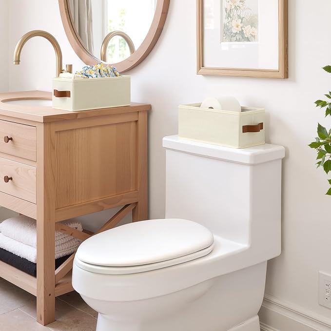 GRANNY SAYS Small Fabric Storage Bins, Storage Baskets for Shelves with PU Handles, Toilet Paper Storage, Mini Baskets for Organizing DVD, Photos, Clothes, Diaper, Sock, Cd, 3-Pack, Ivory