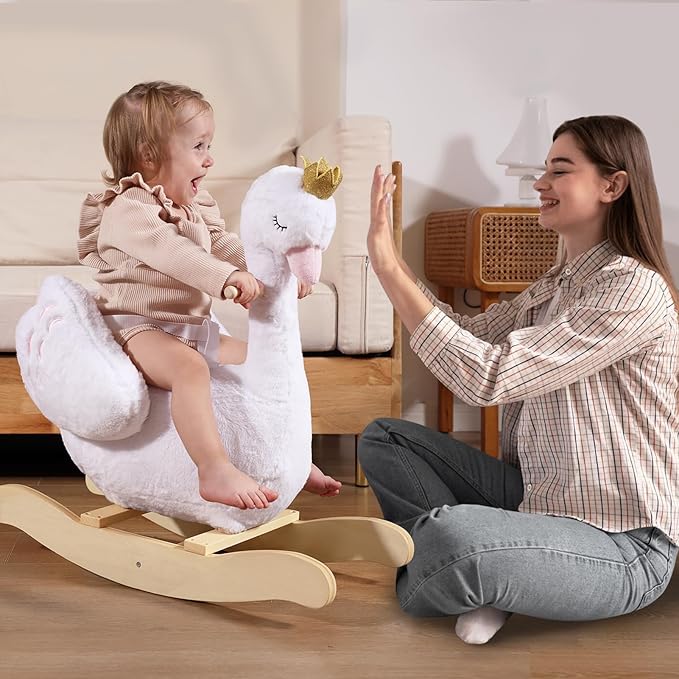 labebe Kids Rocking Horse White Swan, Stuffed Animal Wooden Rocker for Children 6 Months Boys and Girls/Nursery Christmas, Birthday Gift (Rocking Swan)