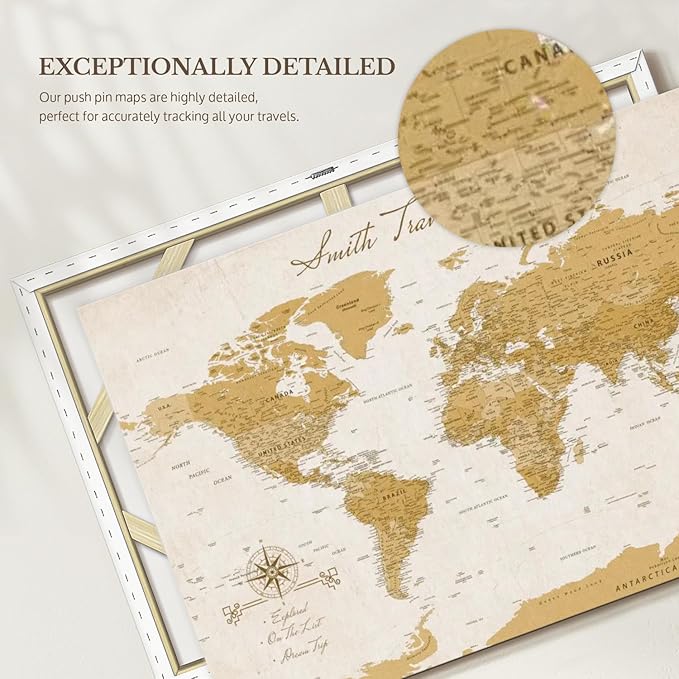 ElephantStock - Personalized Travel Push Pin World Map Wall Art - Horizontal Canvas Wall Art - Living Room Wall Decor - Digital Art Map Canvas Art - Orange And Beige Decor - 30" x 20"